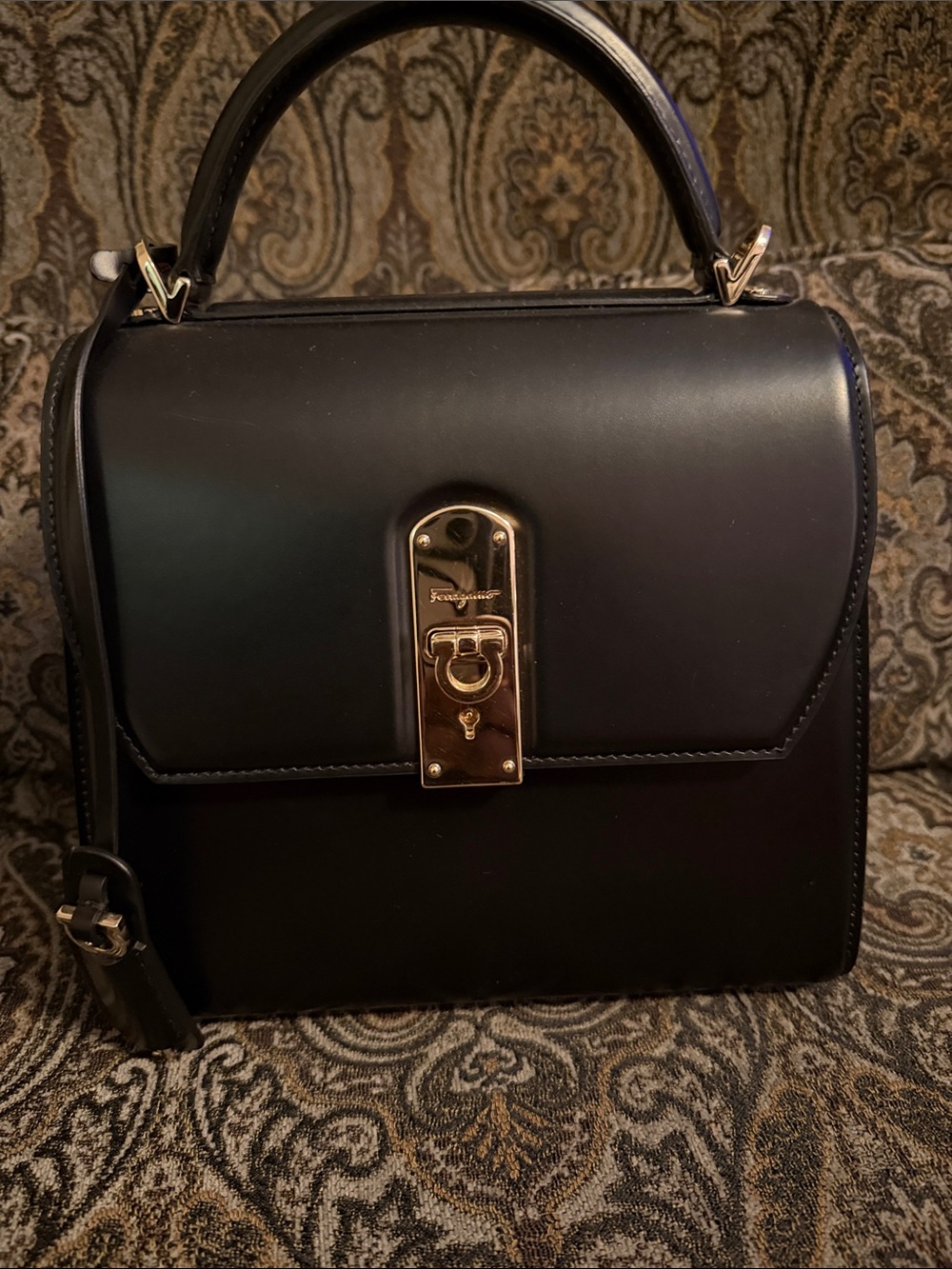 Salvatore Ferragamo Black Leather Top Handle Satchel with Gold Hardware